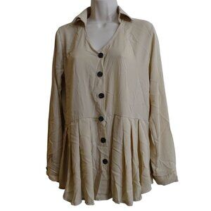 Boohoo Women Plus Pleated Button Up Peplum Shirt Beige Size 12 V-neck Collar NEW